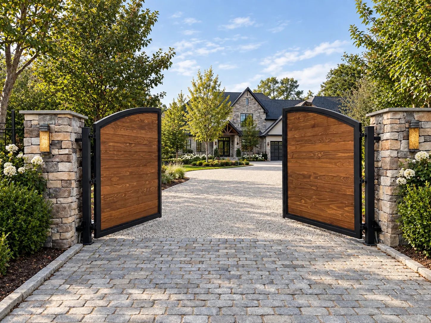 Wood and black steel swing gates standing open between stone piers onto a cobblestone drive